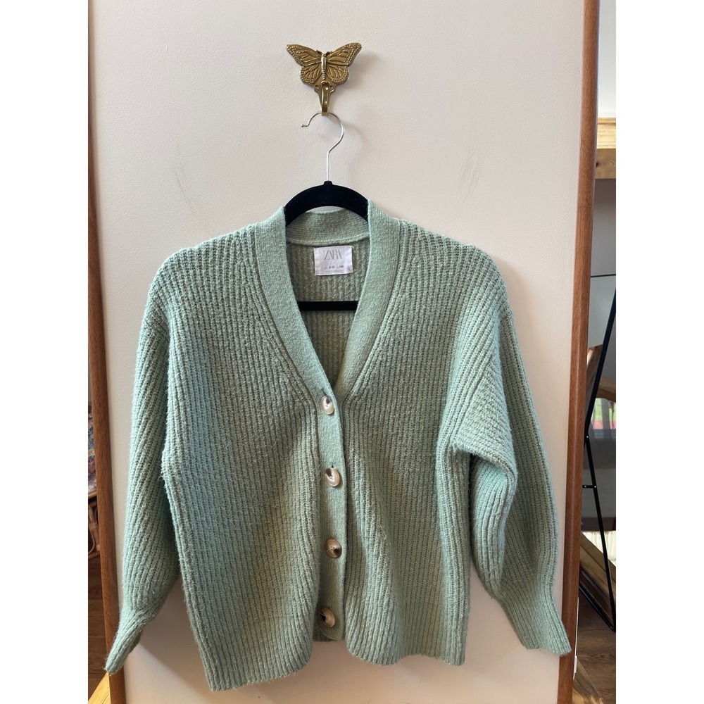 Zara Cardigan Kids 9-10 Sage Green Ribbed Knit V-Neck Button Front